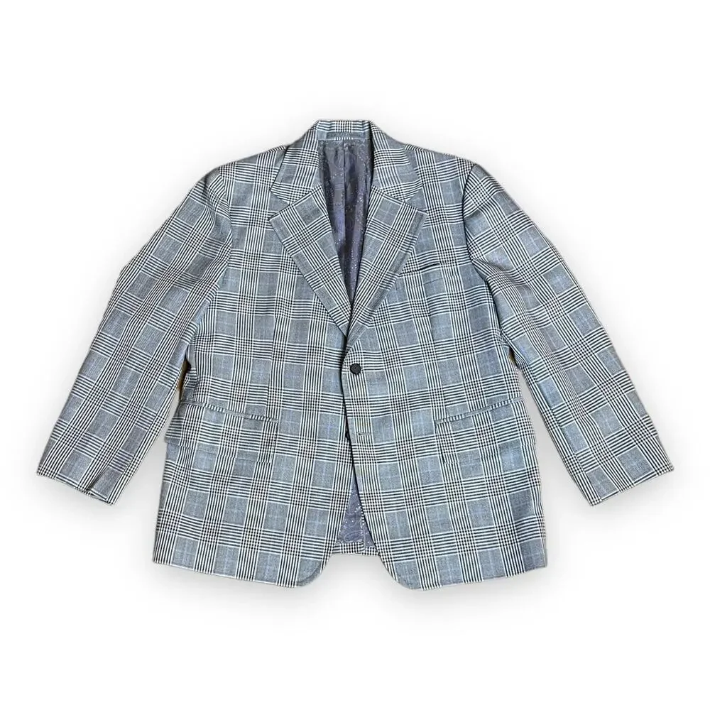 VTG Tailored Sport Coat Blazer Mens Glen Plaid Blue Gray Black White Custom 44R